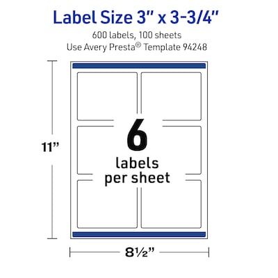 Avery Rectangle Laser Multipurpose Labels, 3" x 3.75", White, 600/Box (19479399335)