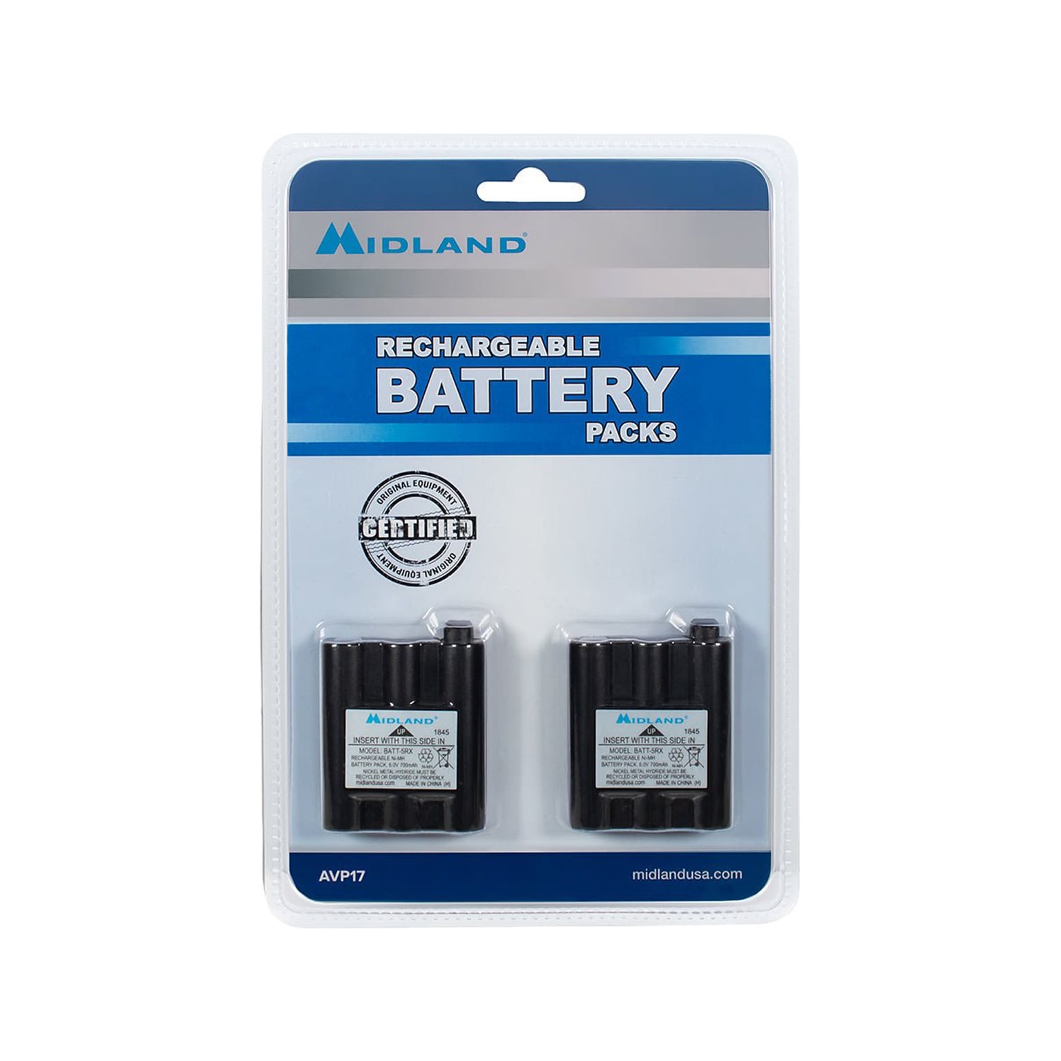 MIDLAND RADIO Rechargeable Ni-MH Battery Pack for GXT Series, T290 Series, XT511 Base Camp Radios, 2/Pack (AVP17)