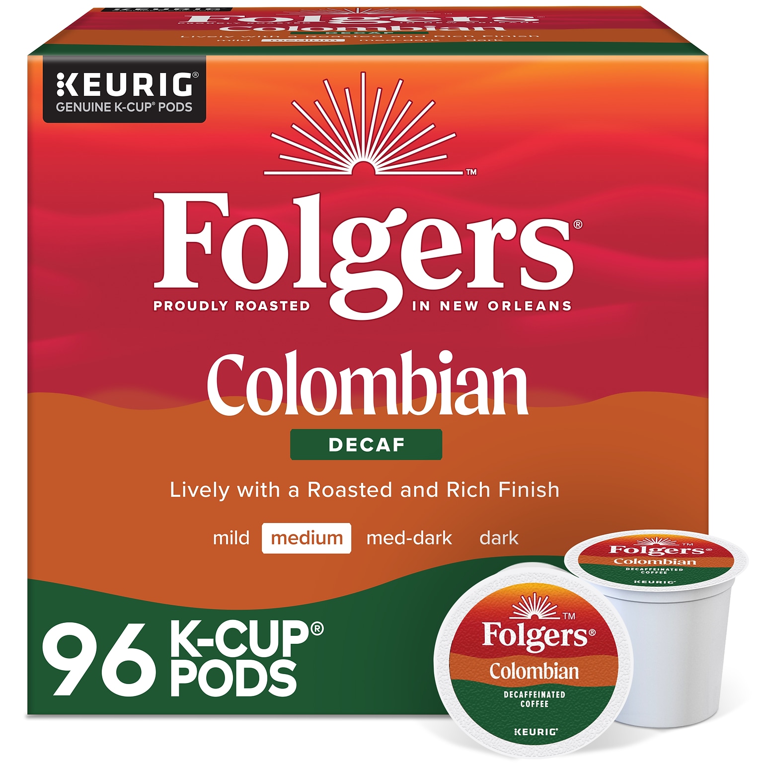 Folgers 100% Colombian Decaf Coffee, Keurig K-Cup Pod, Medium Roast, 96/Carton (5000053359CT)