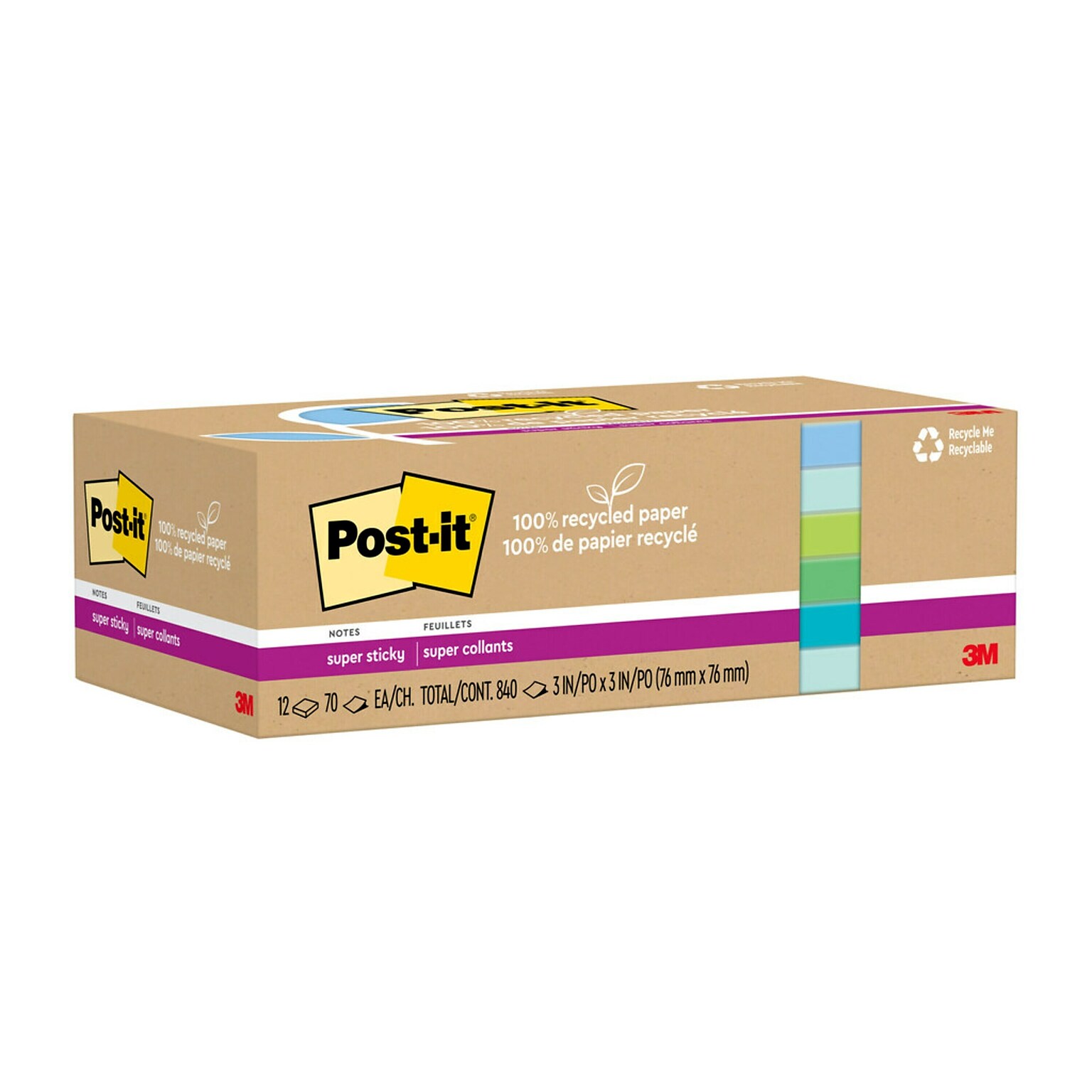 Post-it Recycled Super Sticky Notes, 3 x 3, Oasis Collection, 70 Sheets/Pad, 12 Pads/Pack (654R-12SST)