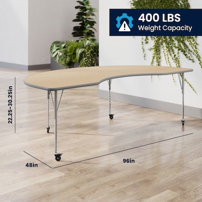 Flash Furniture Wren Kidney Activity Table, 96" x 48", Height Adjustable, Light Natural Top/Silver Frame (XUA4896KDLNTAC)