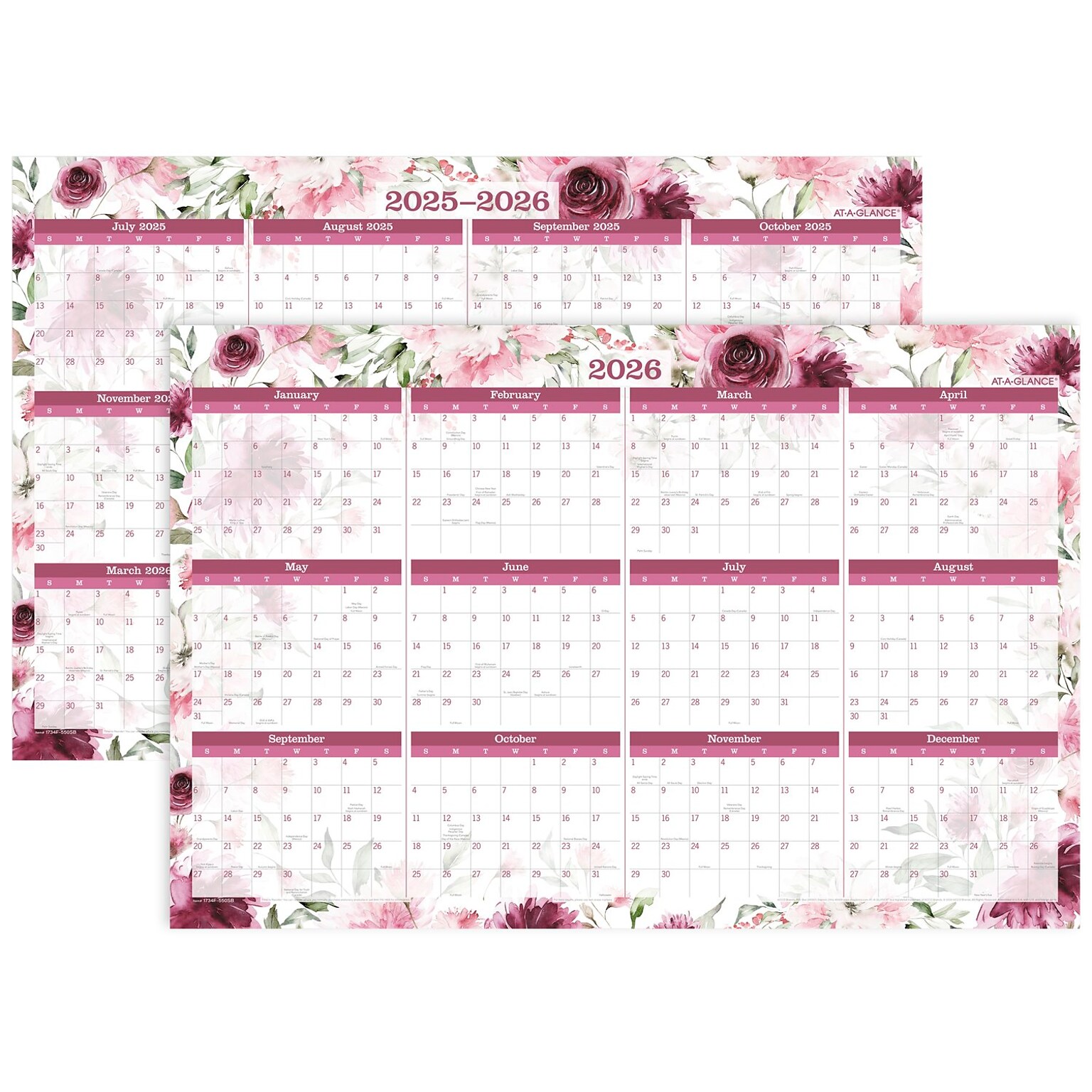 2025-2026 AT-A-GLANCE Badge Floral 36 x 24 Academic & Calendar Yearly Dry-Erase Wall Calendar, Reversible (1710F-550P-26)