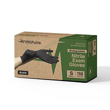 FifthPulse Biodegradable Powder Free Nitrile Exam Gloves, Latex Free, Small, Black, 150 Gloves/Box (