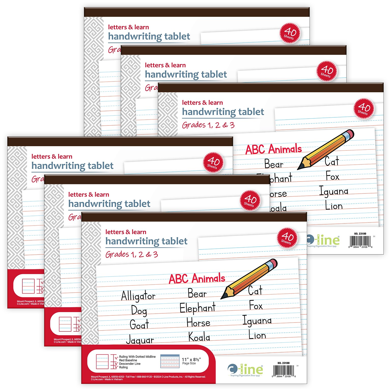 C-Line Handwriting Practice Paper, 11 x 8.5, White, 40 Sheets/Pad, 6 Pads/Bundle (CLI23100-6)