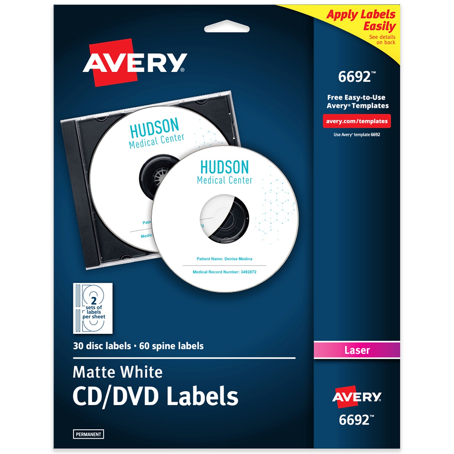 Avery Color Laser CD Labels, Matte White, 2 Labels/Sheet, 15 Sheets/Pack, 30 Labels/Pack (6692)