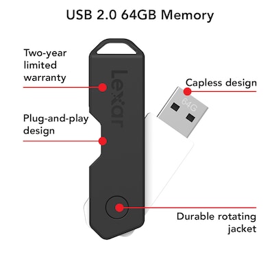 Lexar Twist Turn2 64GB USB 2.0 Type-A Flash Drive, Black (JDTT2-64GABNABK)