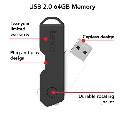 Lexar Twist Turn2 64GB USB 2.0 Type-A Flash Drive, Black (JDTT2-64GABNABK)