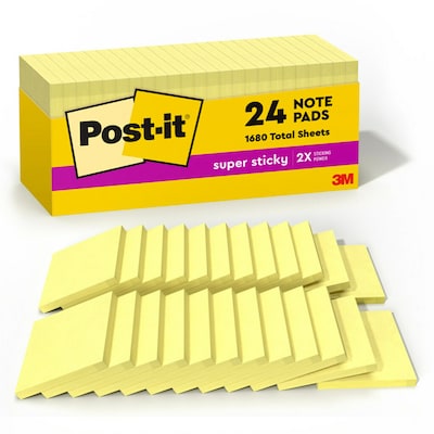 Post-it Super Sticky Notes, 3 x 3, Canary Collection, 90 Sheet/Pad, 24 Pads/Box (65424SSCP)