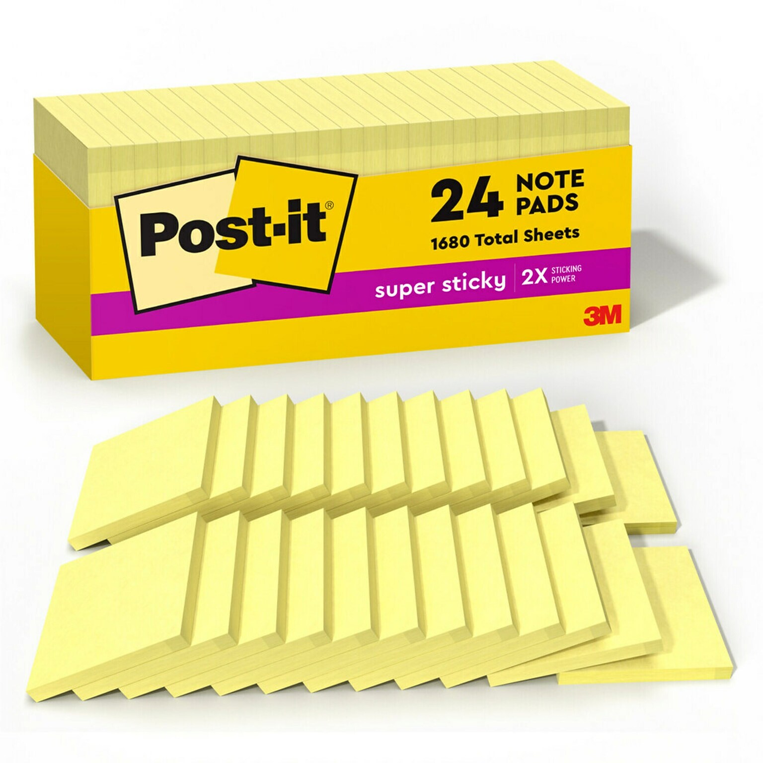 Post-it Super Sticky Notes, 3 x 3, Canary Collection, 90 Sheet/Pad, 24 Pads/Box (65424SSCP)