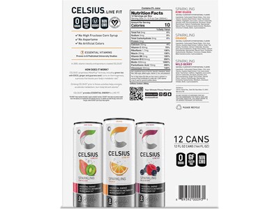 Celsius Sugar-Free Kiwi Guava, Orange, Wild Berry Variety Pack Sparkling Energy Drink, 12 fl. oz., 12 Cans/Carton (00097)