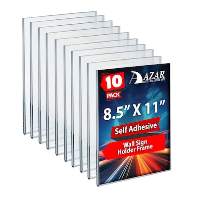 Azar Adhesive Sign Holder, 8.5 x 11, Vertical, Wall Mounted, Clear, Acrylic, 10/Pack (122021)