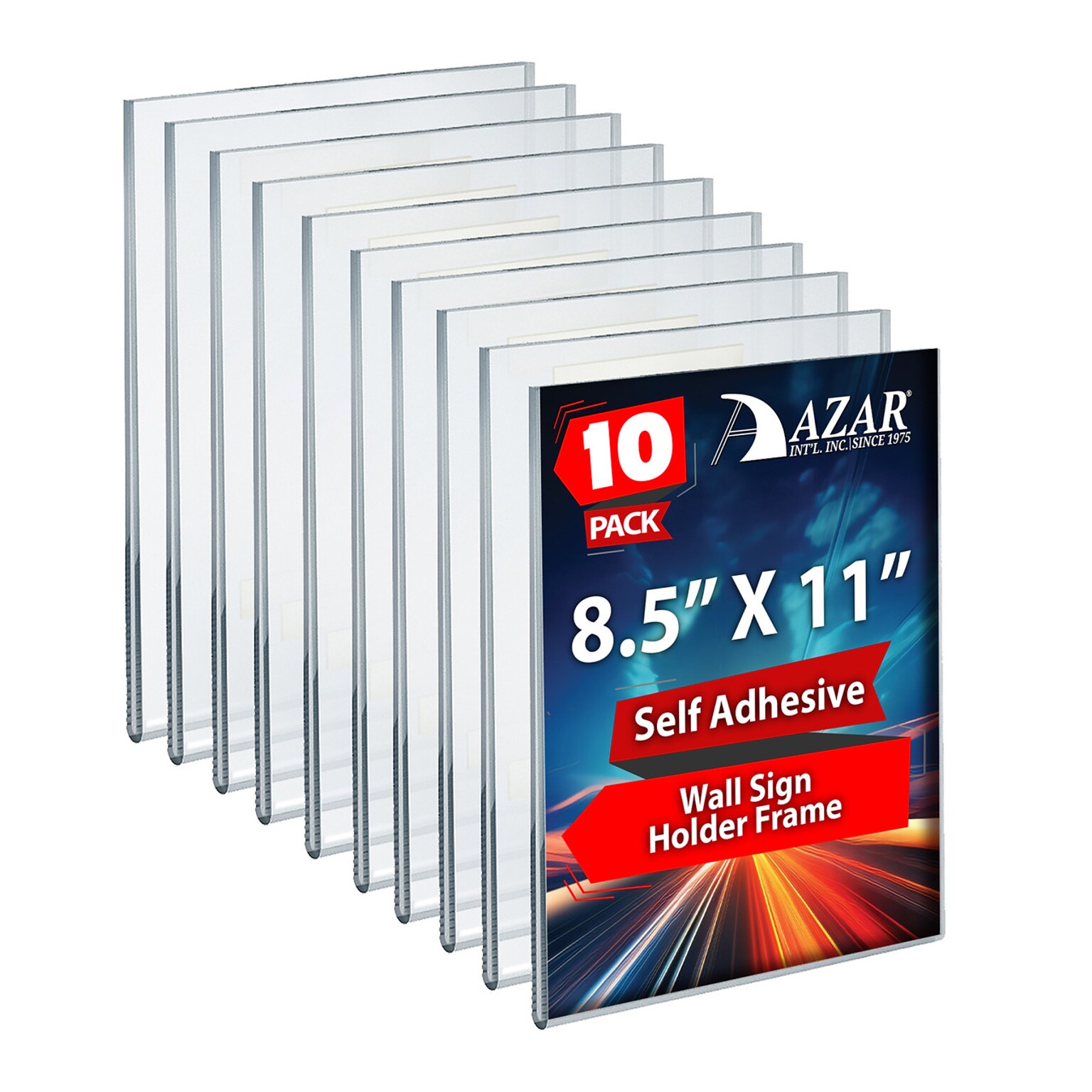 Azar Adhesive Sign Holder, 8.5 x 11, Vertical, Wall Mounted, Clear, Acrylic, 10/Pack (122021)