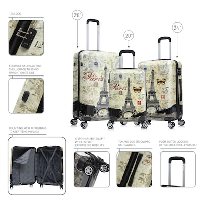 InUSA 3-Piece Hardside Paris Spinner Luggage Set, TSA Checkpoint Friendly, Paris (IUAPCSML-PAR)