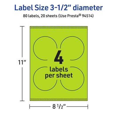 Avery Laser/Inkjet Multipurpose Circle Labels, 3.5" Dia., Bright Green, 80/Pack (94514)