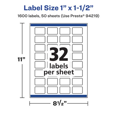 Avery Laser/Inkjet Rectangle Multipurpose Labels, 1" x 1.5", White, 1600 Labels/Box (94219)
