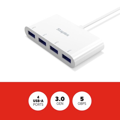 Staples TECH 4-Port USB 3.0 Hub, White (ST62380)
