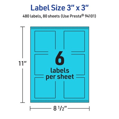 Avery Laser/Inkjet Multipurpose Square Labels, 3" x 3", Bright Blue, 480/Box (94101)
