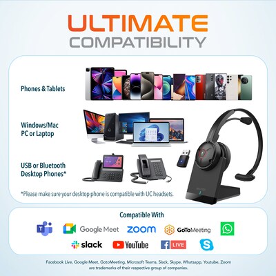 Delton 50X Pro Wireless Noise Canceling Bluetooth Mono Computer On-Ear Headset, Black (DBTHEAD50XBTDL)