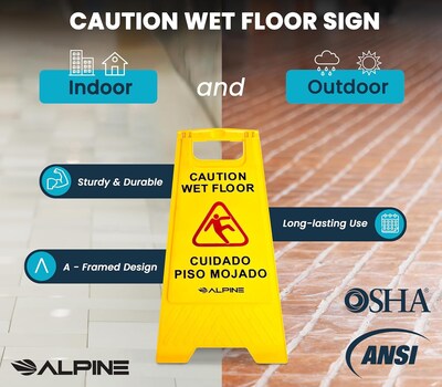 Alpine Industries Wet Floor Sign, 24"H, Yellow, 5/Pack (499-5pk)