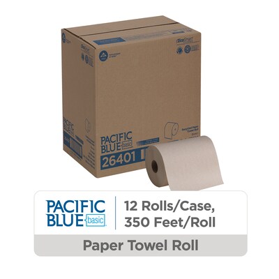 Pacific Blue Basic Recycled Hardwound Paper Towels, 1-ply, 580 ft./Roll, 12 Rolls/Carton (26401)