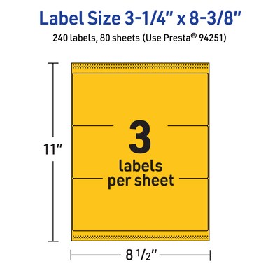 Avery Rectangle Laser/Inkjet Multipurpose Labels, 3-1/4" x 8-3/8", Bright Yellow (240/Box)