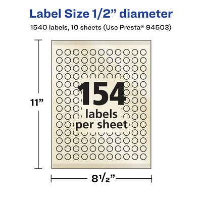 Avery Laser/Inkjet Round Multipurpose Labels, 0.5" Dia., Ivory, 1,540 Labels/Pack (94503)