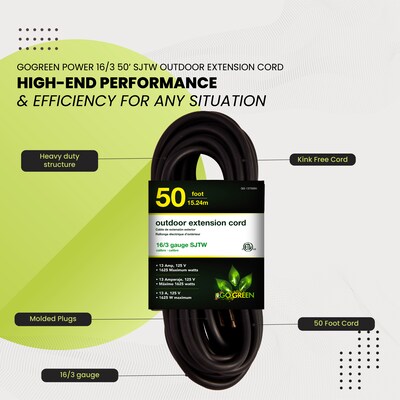 GoGreen Power 50' Indoor/Outdoor Extension Cord, 16 AWG, Black (GG-13750BK)