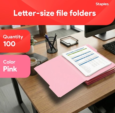 Staples Reinforced File Folders, 1/3-Cut Tab, Letter Size, Pink, 100/Box (508952)