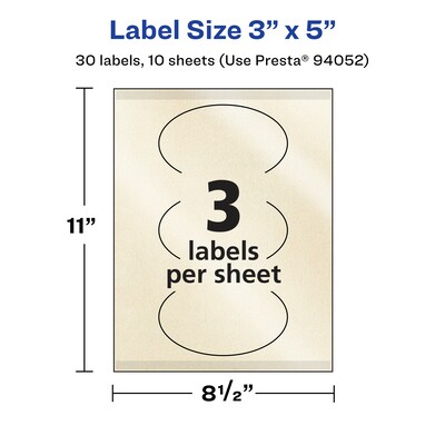 Avery Pearlized Ivory Oval Multipurpose Labels, 3" x 5", Ivory, 30/Pack (94052)