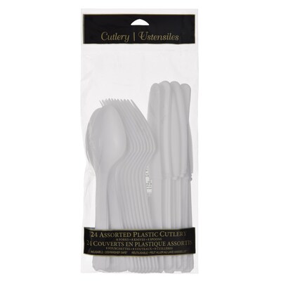 Party City Plastic Assorted Cutlery, Lightweight, White, 24 Pieces/Pack (AM4523-08)