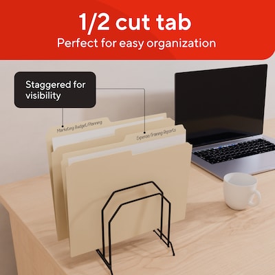 Staples Manila File Folders, Letter Size, 2-Tab Assorted Positions, Durable Paper Stock, 100/Box