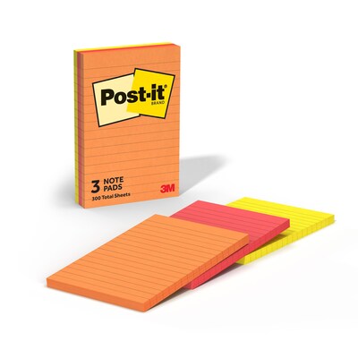 Post-it Sticky Notes, 4 x 6, Sunburst Collection, Lined, 90 Sheets/Pad, 3 Pads/Pack (660-3SUN)