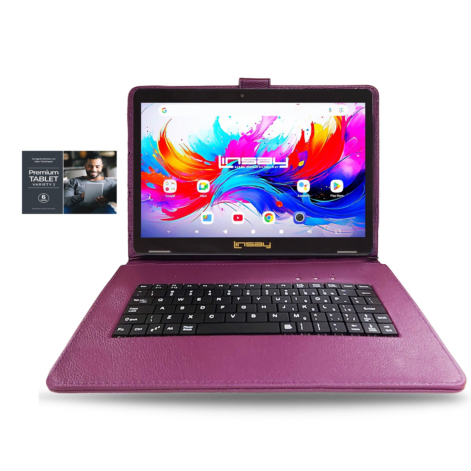 Linsay F10 Series 10.1 Tablet, Wi-Fi, Octa Core, 256GB eMMC, Android 15, with Purple Keyboard Case (F10XIPSPURPLESPLUS)