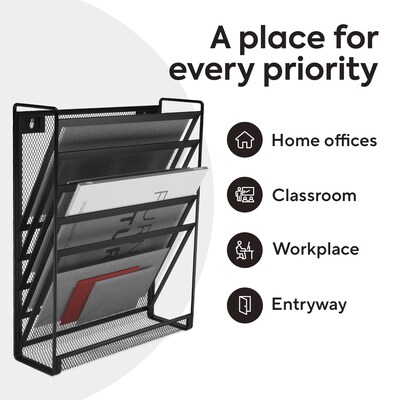 TRU RED Mesh Letter Wall File, 5-Pocket Hanging File Organizer, Black – Vertical Wall-Mounted Mail & Document Holder