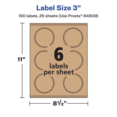 Avery Laser/Inkjet Burst Multipurpose Labels, 3" Dia., Kraft Brown, 150 Labels/Pack ( 94609)