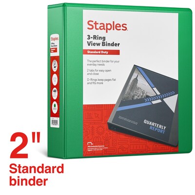 Staples® Standard 2 3 Ring View Binder with D-Rings, Green (55433)