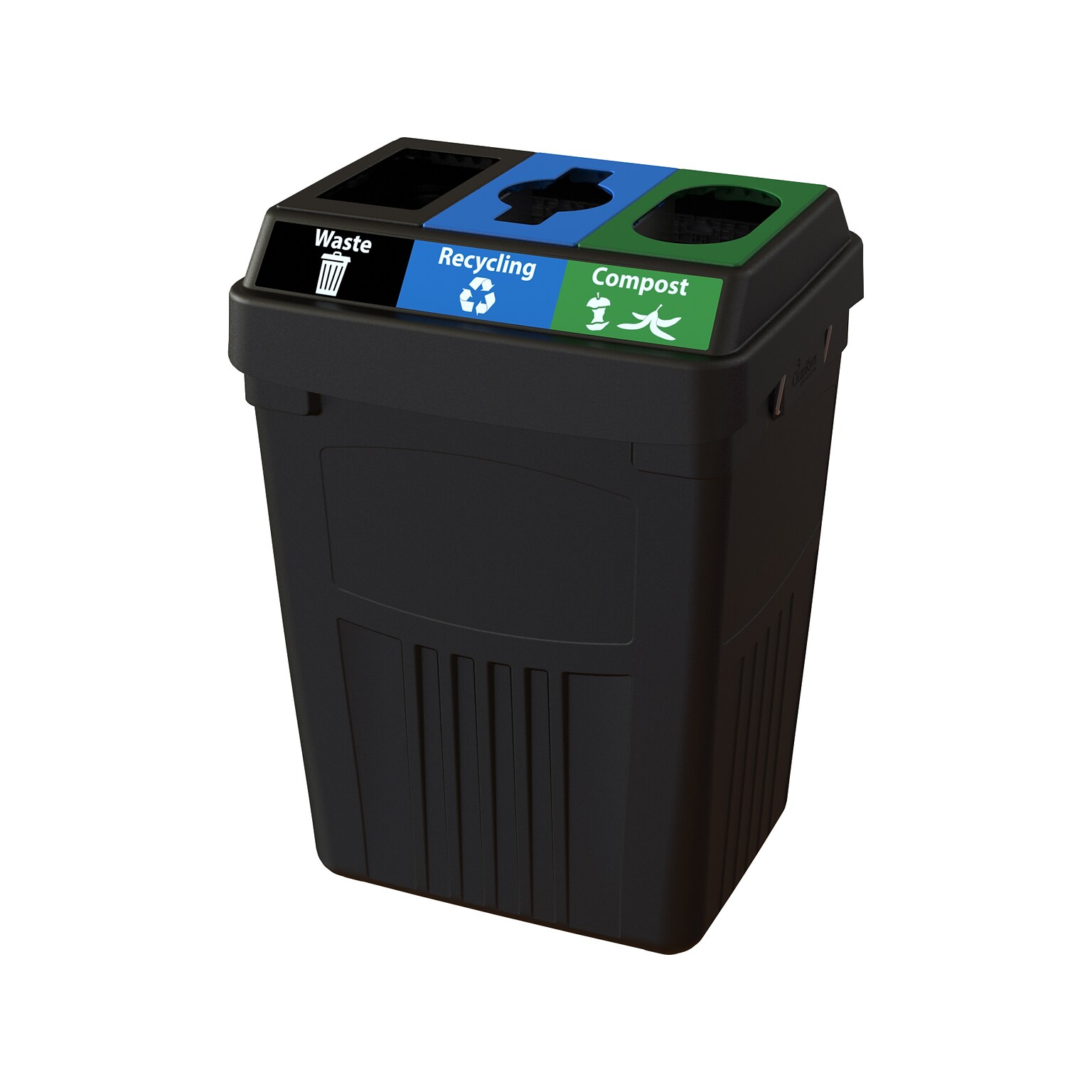 CleanRiver FlexE Plastic Three-Stream Recycling Station, 50 Gallon, Black (FX50A-BK3-R-BE-W-BK-C-GN)