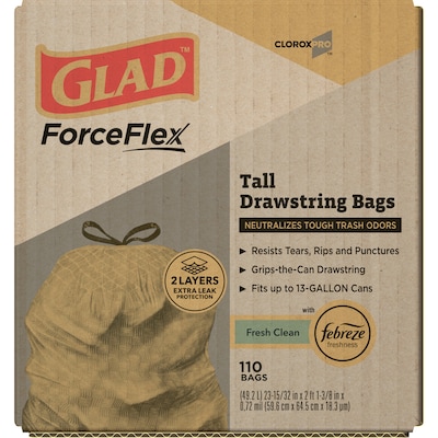 CloroxPro Glad 13 Gallon Drawstring Kitchen Trash Bag, Fresh Clean Scent, Gray, 110 Total Bags (22656)