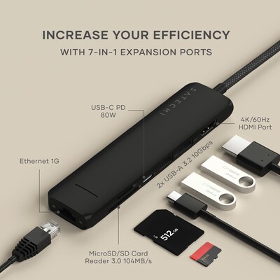Satechi 7-in-1 USB-C Slim Multiport Adapter with Ethernet, Black (ST-P7SK)
