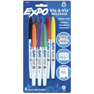 Expo Vis-à-Vis Wet Erase Markers, Ultra Fine Tip, Assorted Colors, 8/Pack (2162861/2134345)
