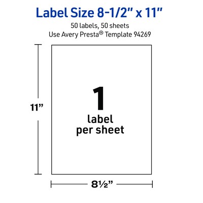 Avery Waterproof Rectangle Laser Multipurpose Labels, 8.5" x 11", White, 50/Box (19479399390)