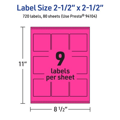 Avery Laser/Inkjet Square Multipurpose Labels, 2.5" x 2.5", Neon Magenta, 720/Box (94104)