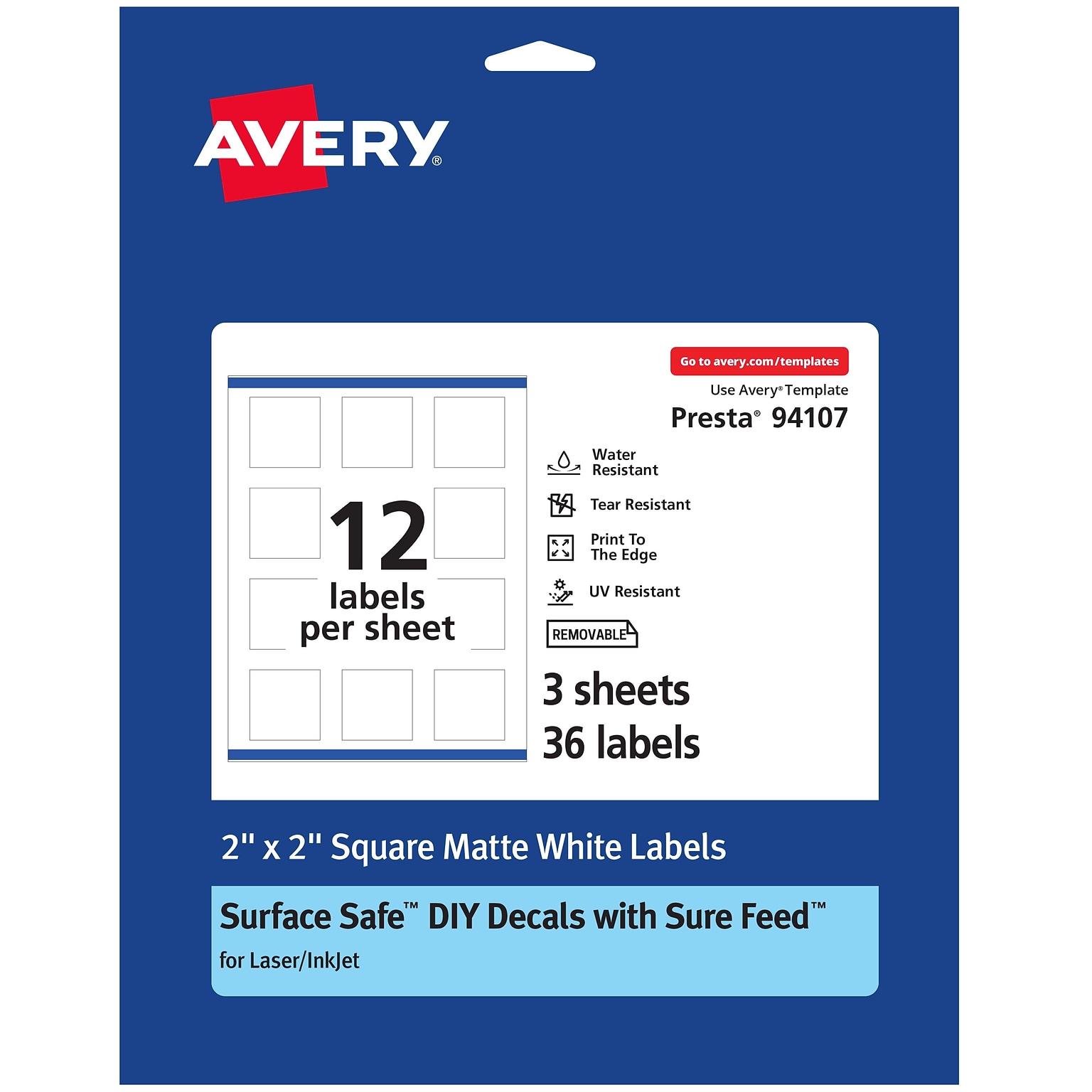 Avery Laser/Inkjet Square Multipurpose Labels, 2 x 2, Matte White, 36 Labels/Pack (94107)