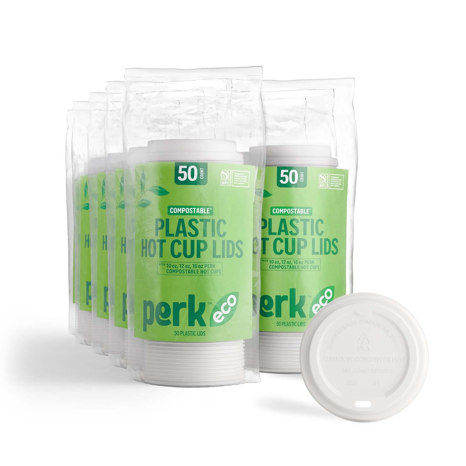 Perk™ Eco Compostable Plastic Hot Cup Lid, 10/12/16 Oz., White, 500/Carton (PK56218CT)