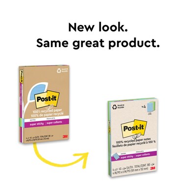 Post-it Recycled Super Sticky Notes, 4" x 6", Oasis Collection, 45 Sheets/Pad, 4 Pads/Pack (4621R-4SST)