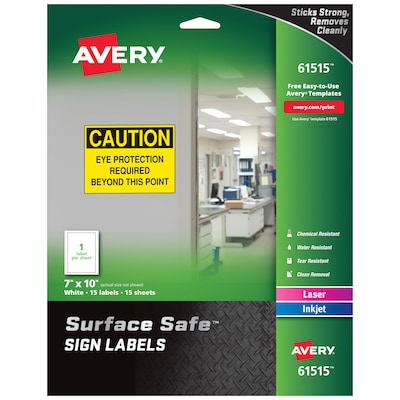 Avery Surface Safe Laser/Inkjet Label Safety Signs, 7 x 10, White, 1 Label/Sheet, 15 Sheets/Pack (