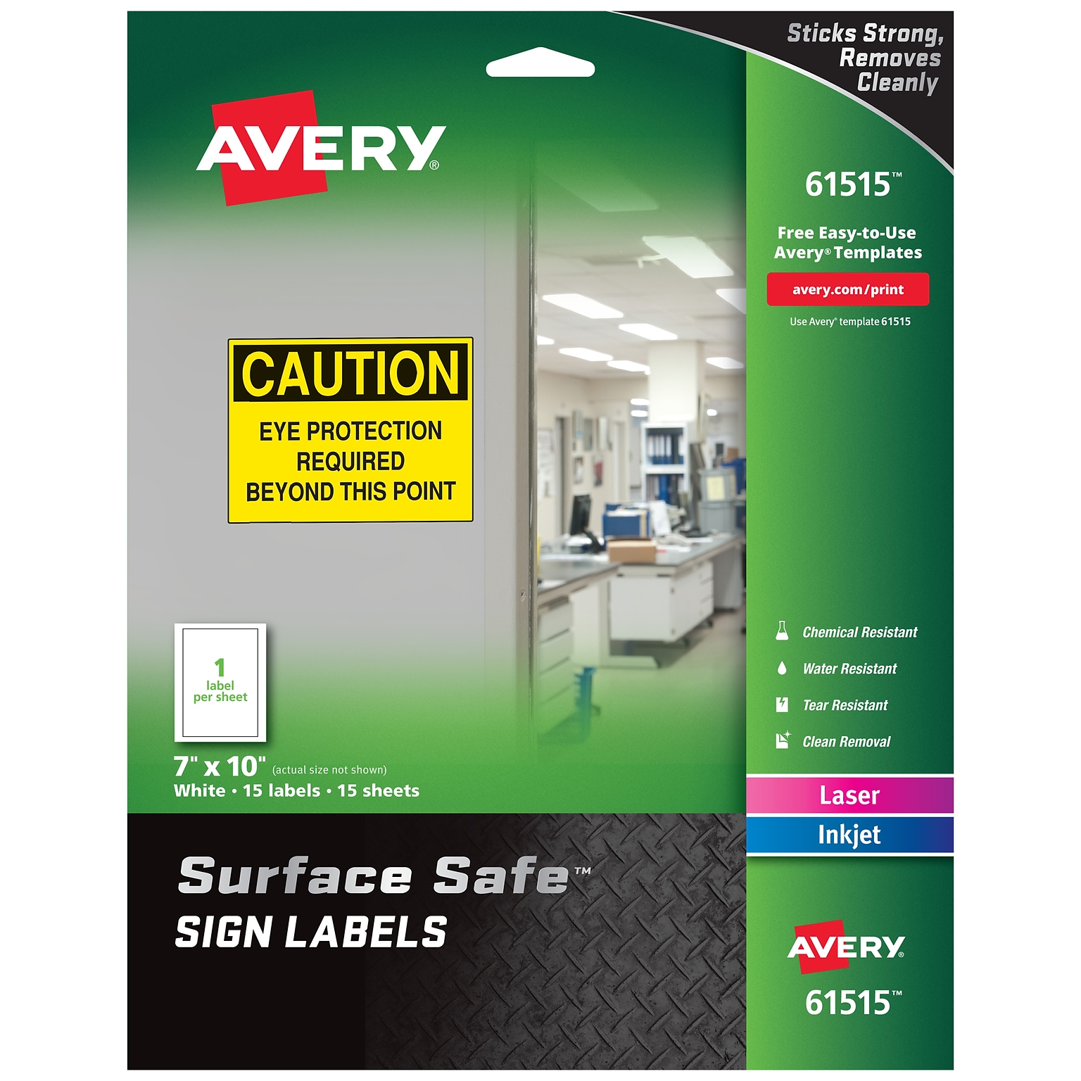 Avery Surface Safe Laser/Inkjet Label Safety Signs, 7 x 10, White, 1 Label/Sheet, 15 Sheets/Pack (61515)