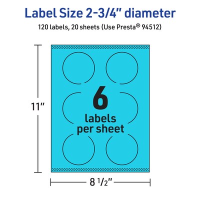 Avery Printable Circle Multipurpose Labels, 2.75" Dia., Bright Blue, 120/Pack (94512)