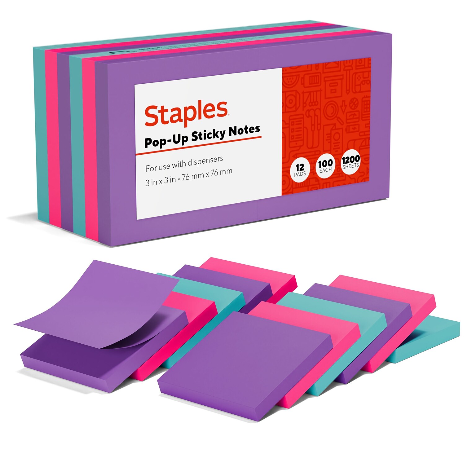 Staples Pop-up Sticky Notes, 3 x 3, Berry Blast Collection, 100 Sheets/Pad, 12 Pads/Pack (52225)