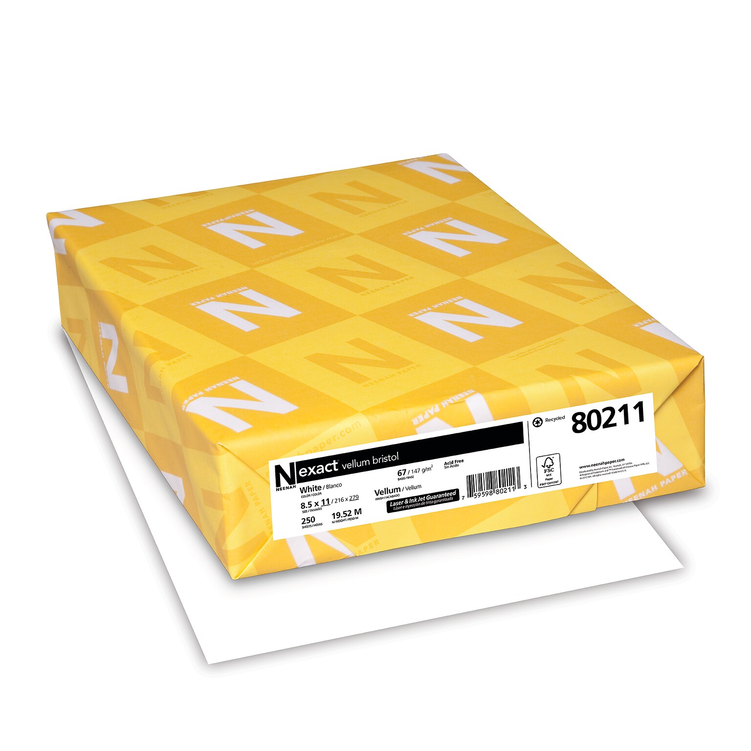 Neenah Exact Vellum Bristol 67 lb. Cardstock Paper, 8.5 x 11, White, 250 Sheets/Ream (80211)
